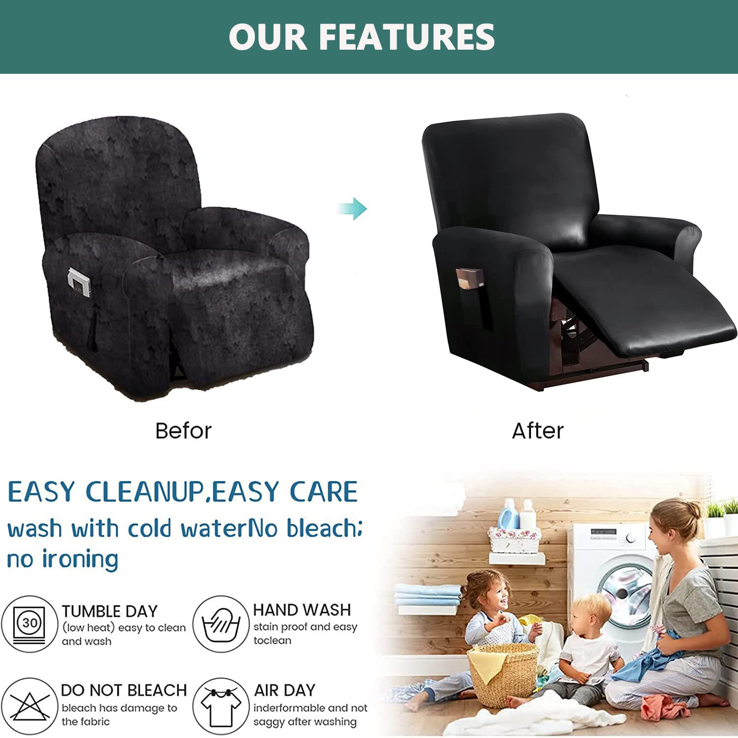 YOPOIY PU Cuero Funda para Sofá Reclinable, Impermeable y A Prueba de Aceite Cubre Sofa 4 Piezas Elastico Cubierta de Muebles para Mascotas Niños Gatos Perros-Naranja