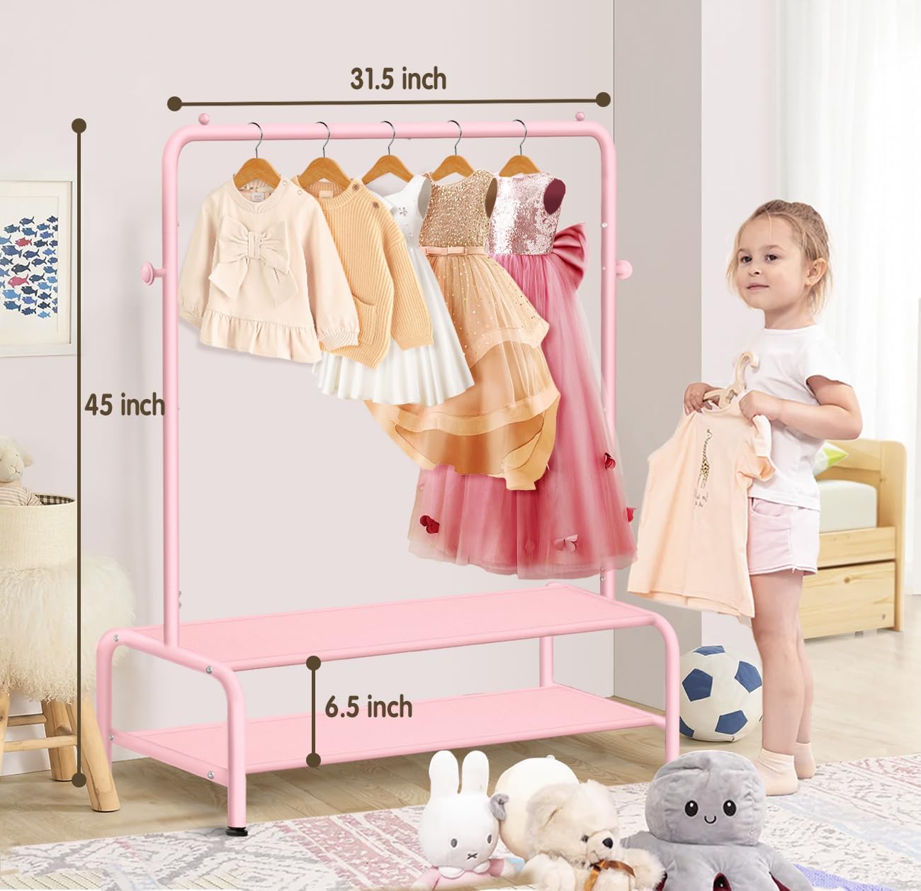 Kids Clothing Rack - Dress Up Storage - Dress Up Rack for Little Girls - Small Kids Costume Wardrobe with 2 Fabric Shelves - Princess Room Bedroom Decor