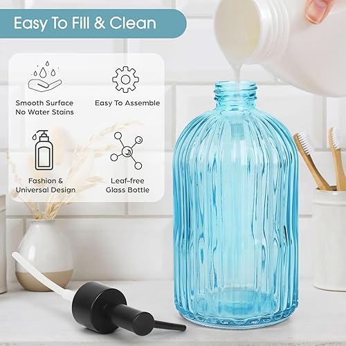 Miniatura 3 de Paquete de 2 dispensadores de jabón de vidrio a rayas con bomba de plástico negro, dispensador de jabón líquido de manos de 13.5 fl oz, bomba a