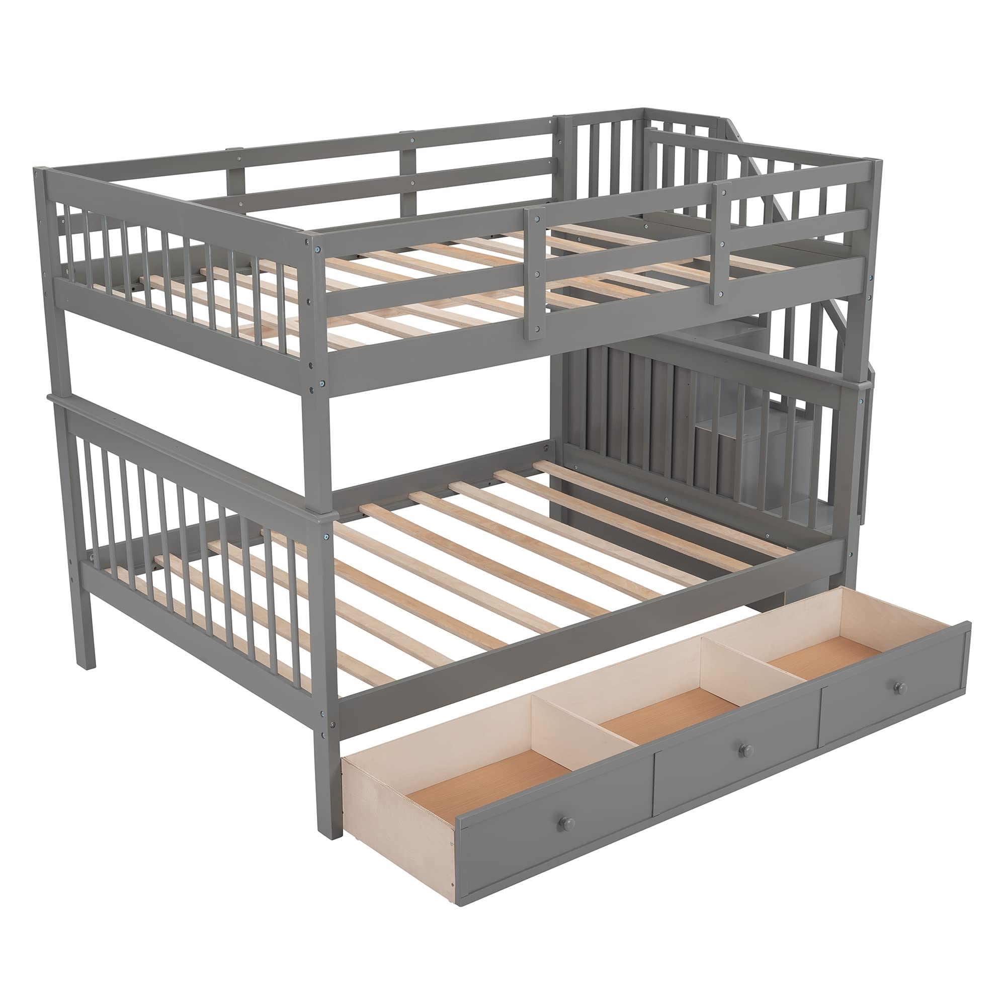 Merax Full Over Full Bunk Bed with 3 Storage Drawers and Staircase
