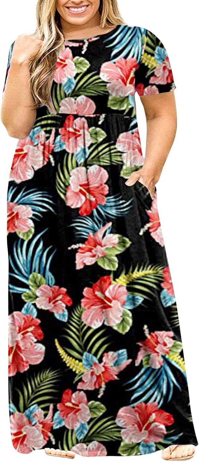 Kancystore Women's Short Sleeve Plus Size Maxi Dress with Pockets Loose Casual Summer Dresses XL-5X