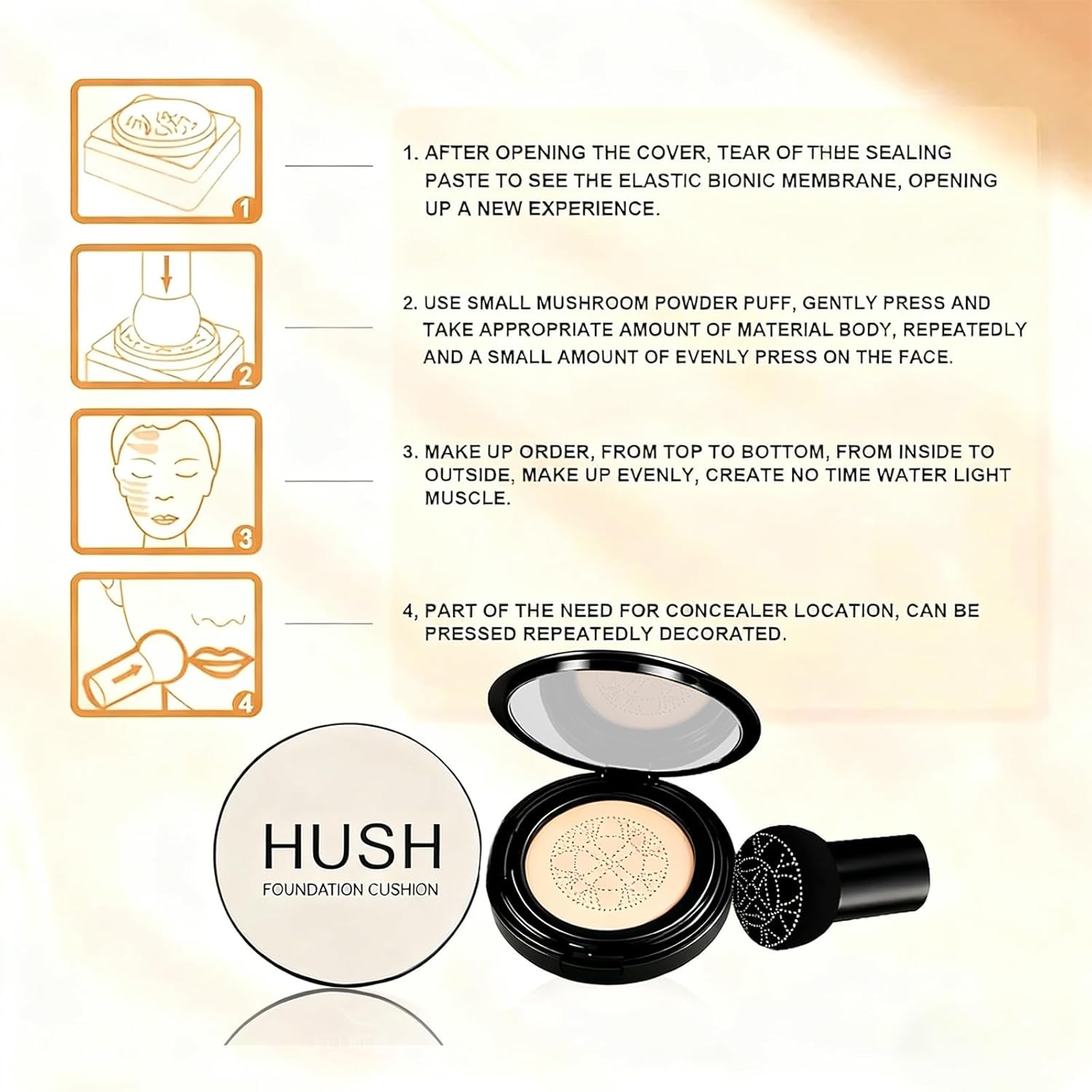 Hush Mekeup Foundation for Older Women, Warm Tone Mushroom Head Air Cushion CC Cream BB Foundation Makeup Moisturizing & Long-Lasting Full Coverage Makeup Concealer for Light to Medium Complexions - Image 7