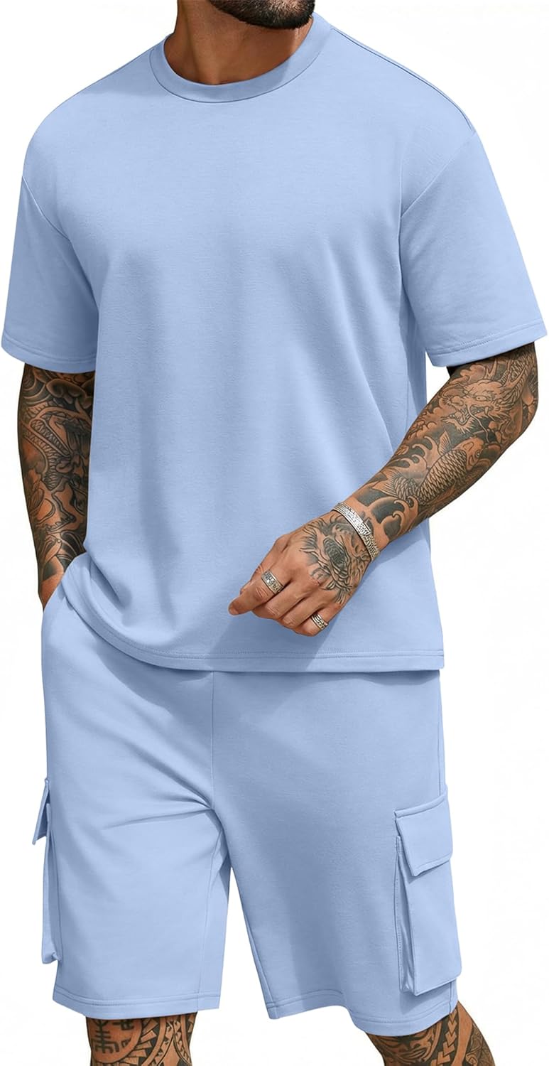 COOFANDY Men's Shirt and Shorts Set 2 Piece Fashion Summer Tracksuits Cotton Oversized T-Shirts Cargo Shorts Outfits