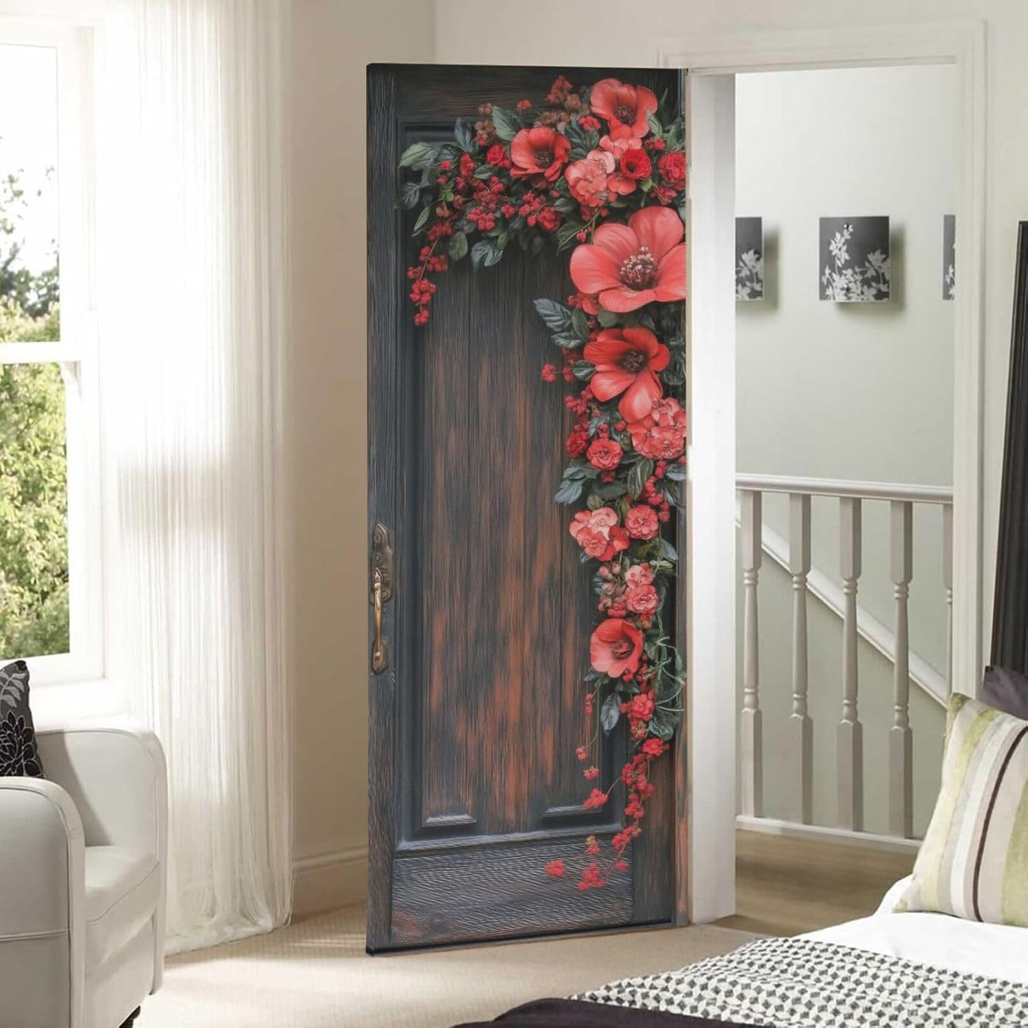 Burbuja Valentine Flowers Wood Door Cover, Stretch Fabric Backdrop Door Porch Covers for Home Party Holidays Decoration, 35x79 In