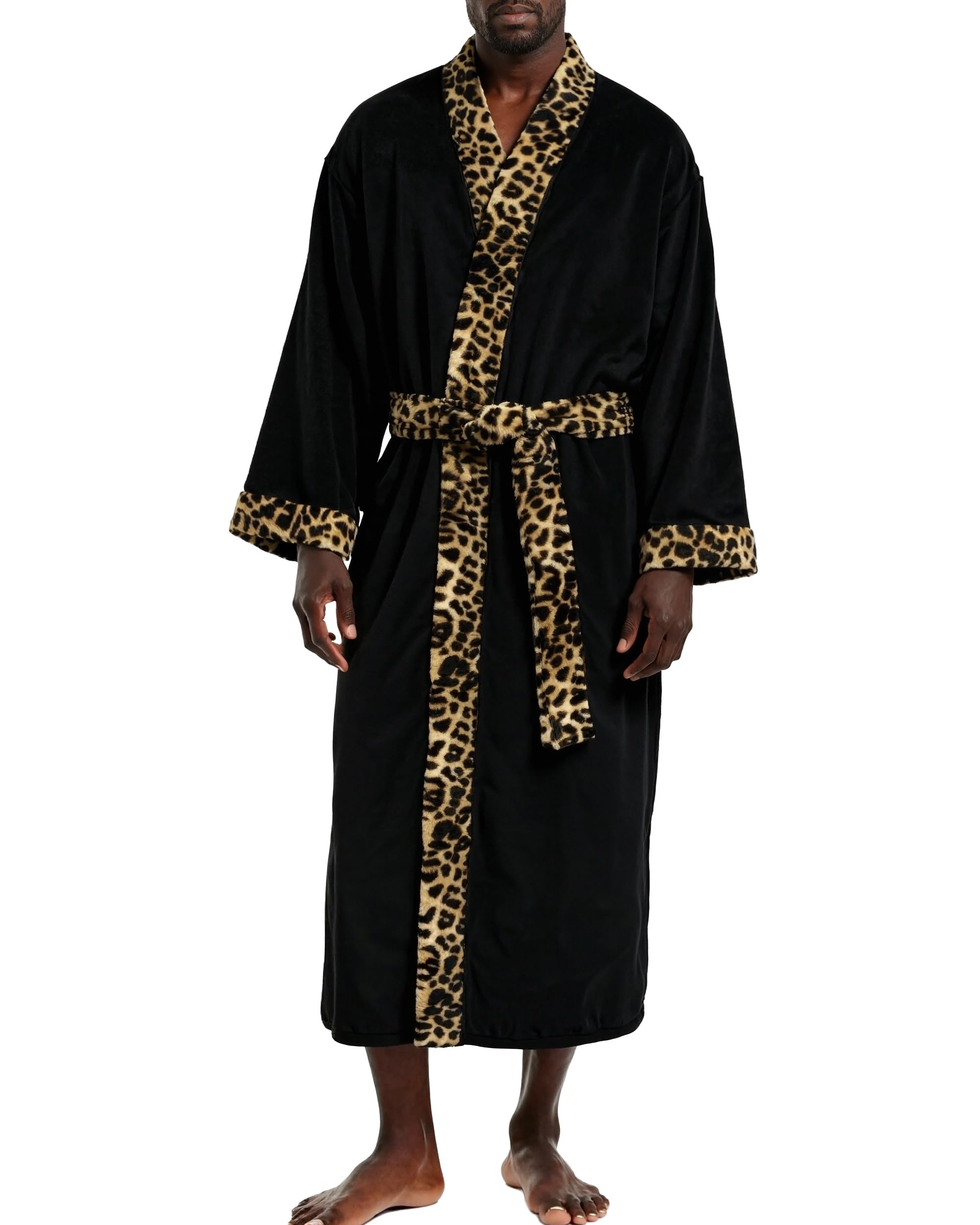 Alexander Del Rossa Men's Leopard Print Accent Kimono Robe, Japanese Robe For Xl