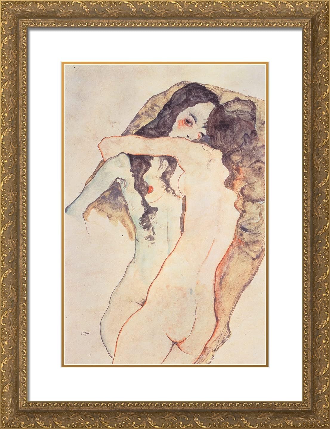 ArtDirect Schiele, Egon 19x24 Gold Ornate Framed Art Print with Double Matting Titled: Two Women Hugging