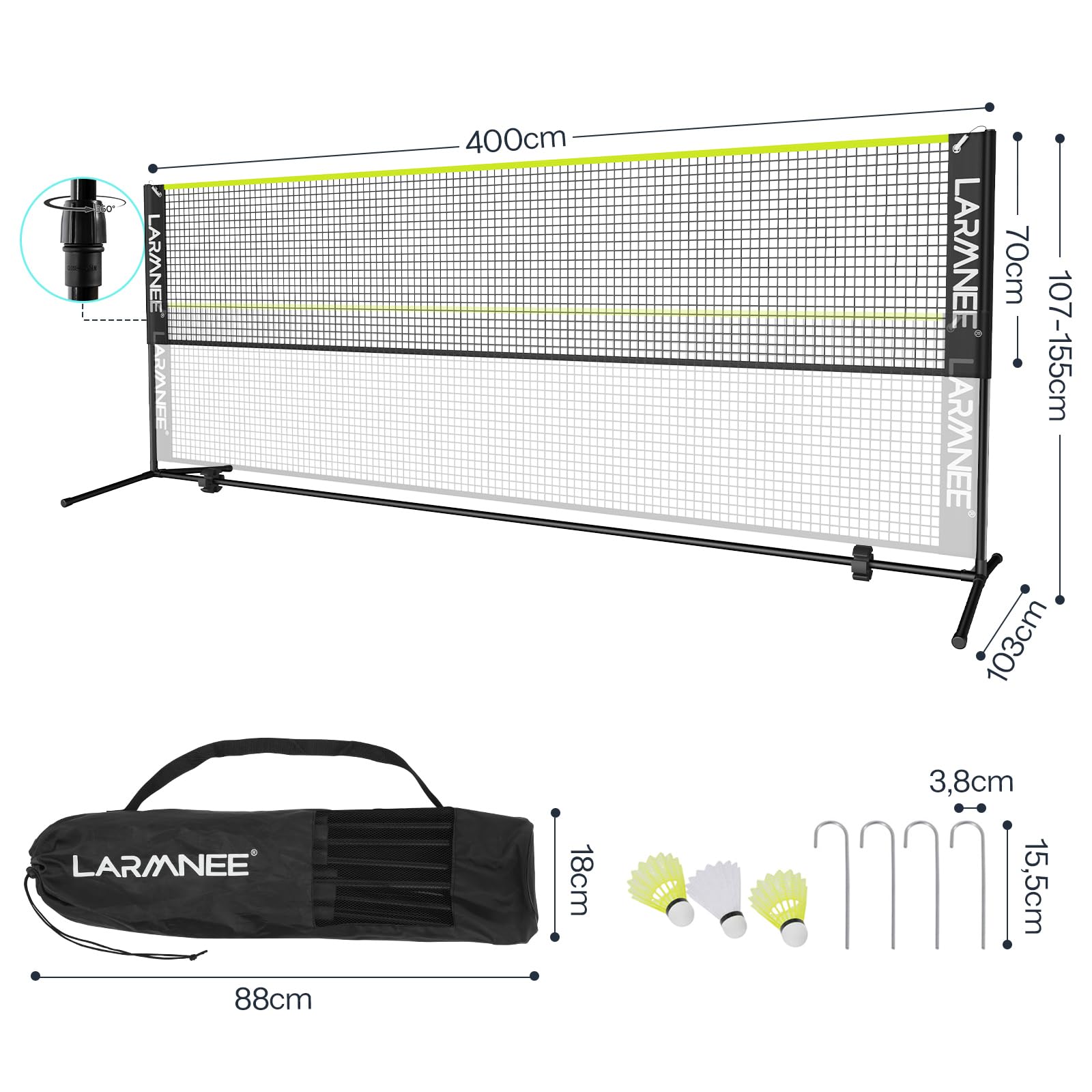 LARMNEE Rete da badminton, rete da pallavolo, rete da volano, regolabile in 3 altezze, 107/120/155 cm, set portatile per tennis, badminton o pallavolo, per giardino, interni, esterni