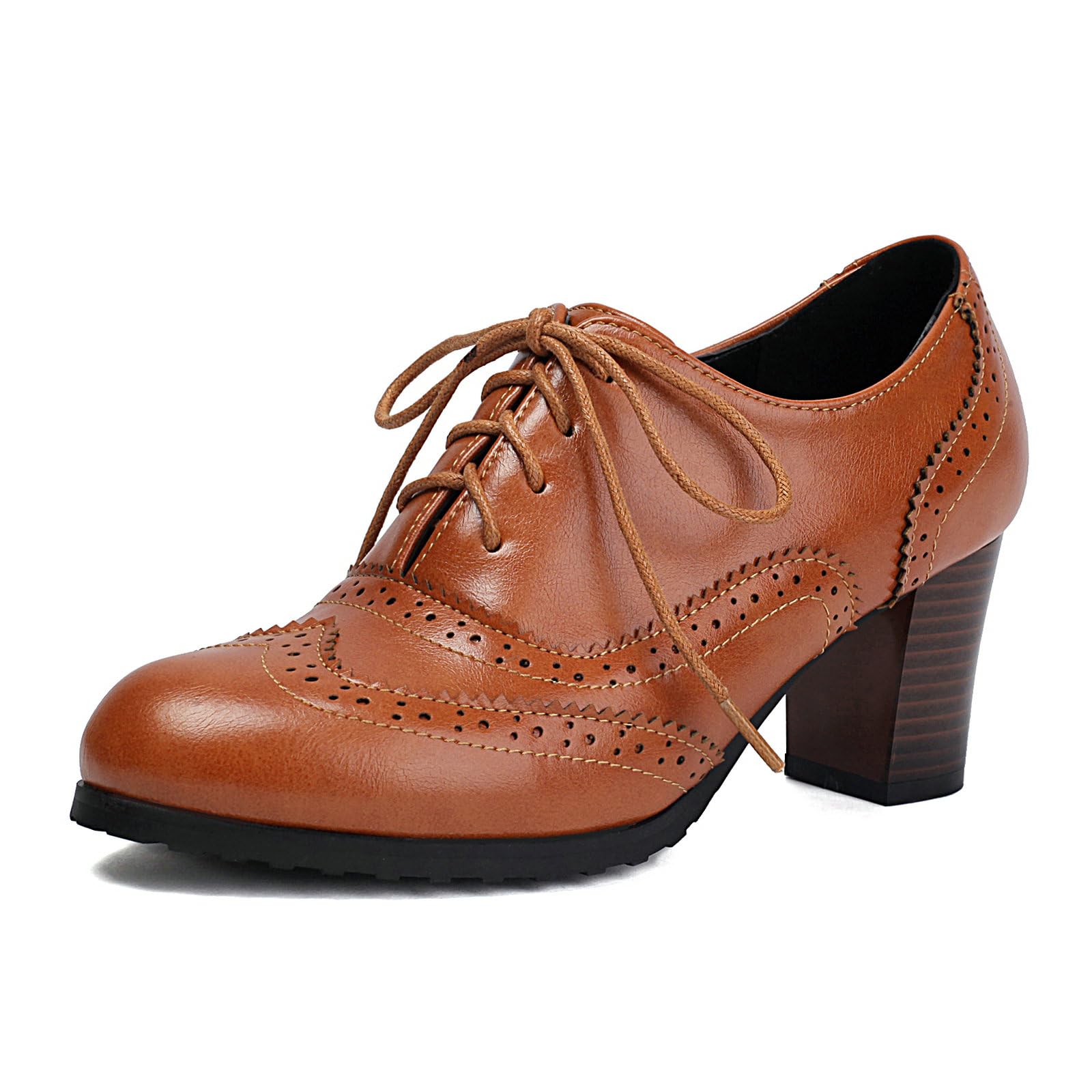 Uniquelly Womens Lace up Oxfords Vintage Brogues Shoes Round Toe Stacked Heel Wingtip Oxford Shoes Chunky Block Heels