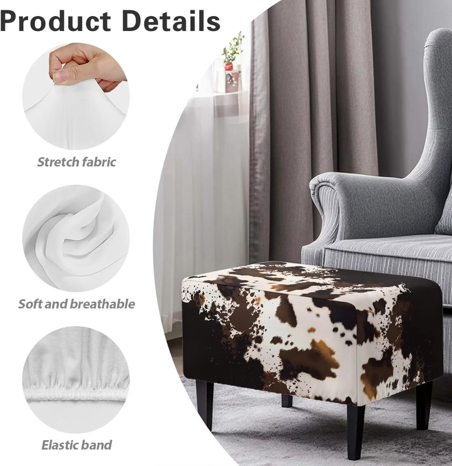 Cowhide Ottoman Slip Cover Rectangle Soft Comfy Cover for Ottoman Removable Sitting Pouf Chair Cover Living Room Stool Rest Cover Furniture Protection