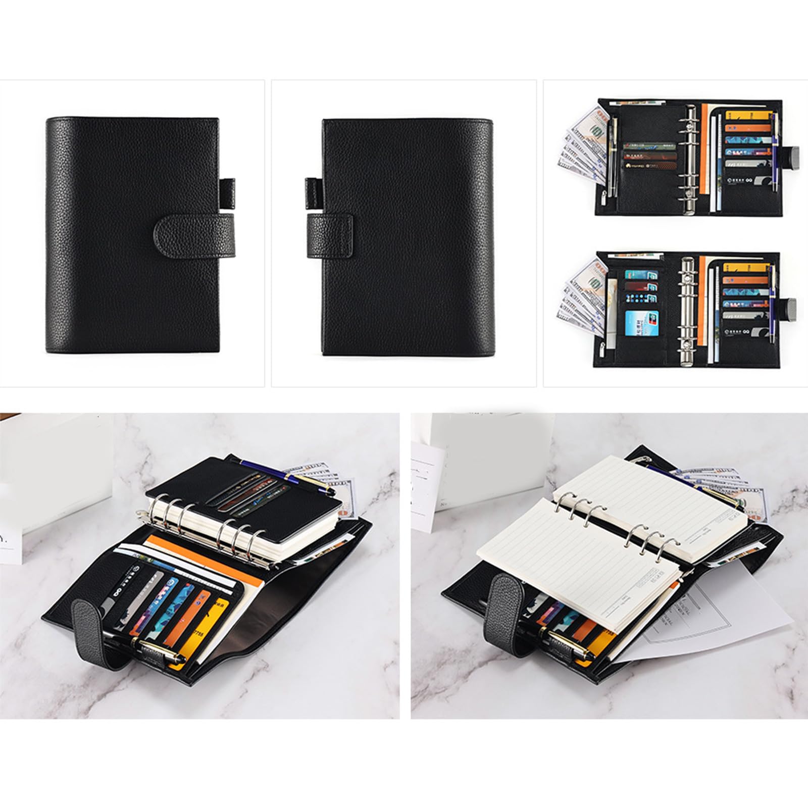 Taccuino ricaricabile in pelle PU con scomparto per penne, porta carte di credito, tasca per ricevute, borsa per contanti con cerniera, per donne e uomini