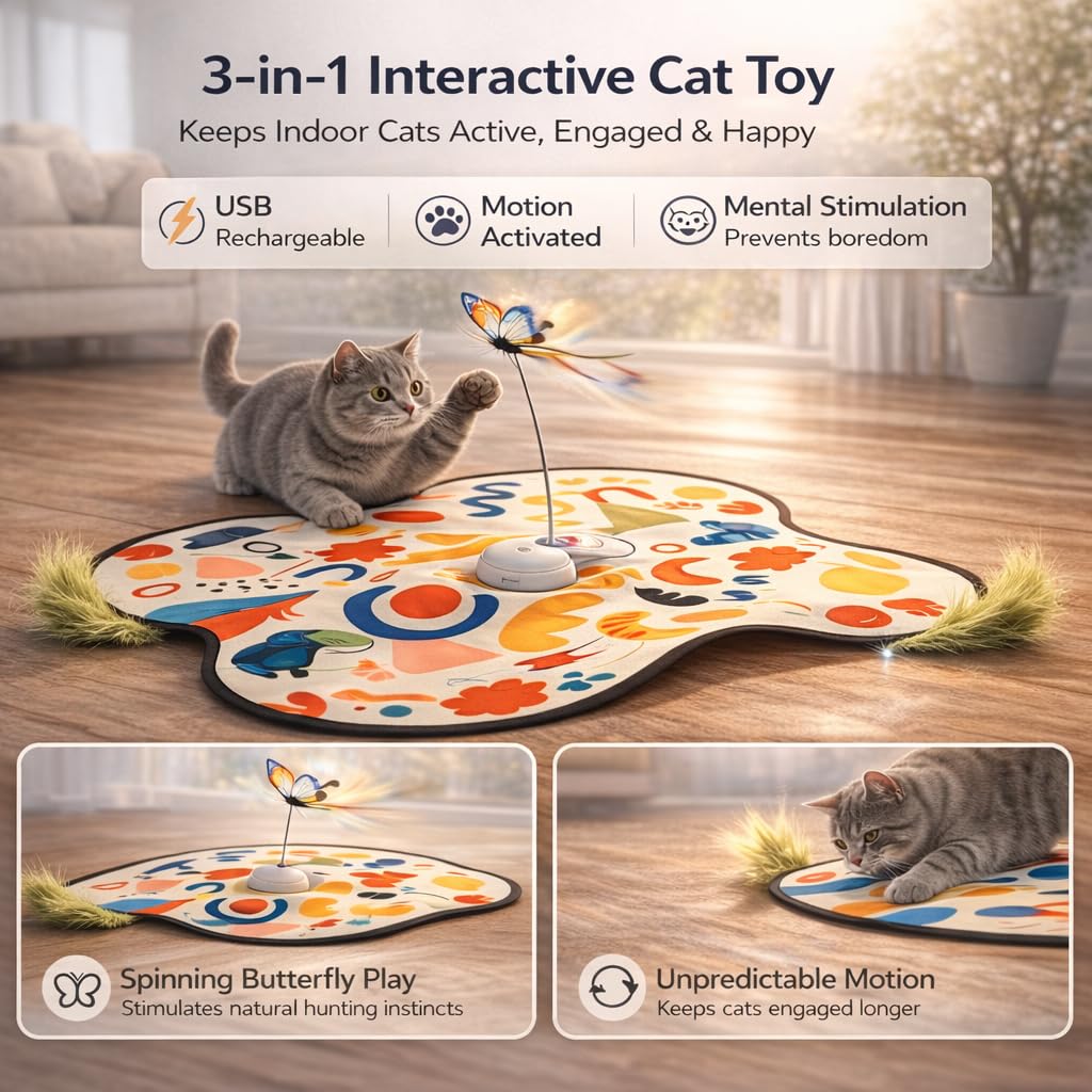 Pet's Var Jouets interactifs pour chats d'intérieur – Jouet pour chat à activation automatique du mouvement avec baguette mobile, son de papillon et de souris, jouet d'exercice rechargeable pour chats