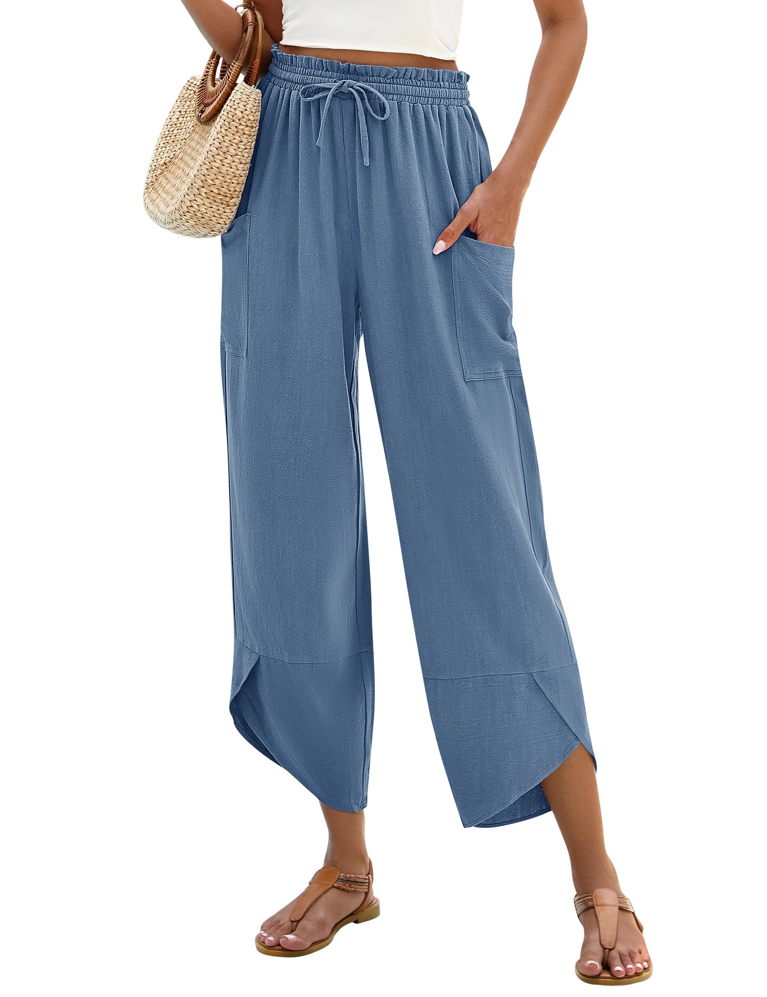 LOMON Women Linen Palazzo Pants Boho Wide Leg Elastic Waisted Casual Capri Pant Summer Harem Lounge with Pockets
