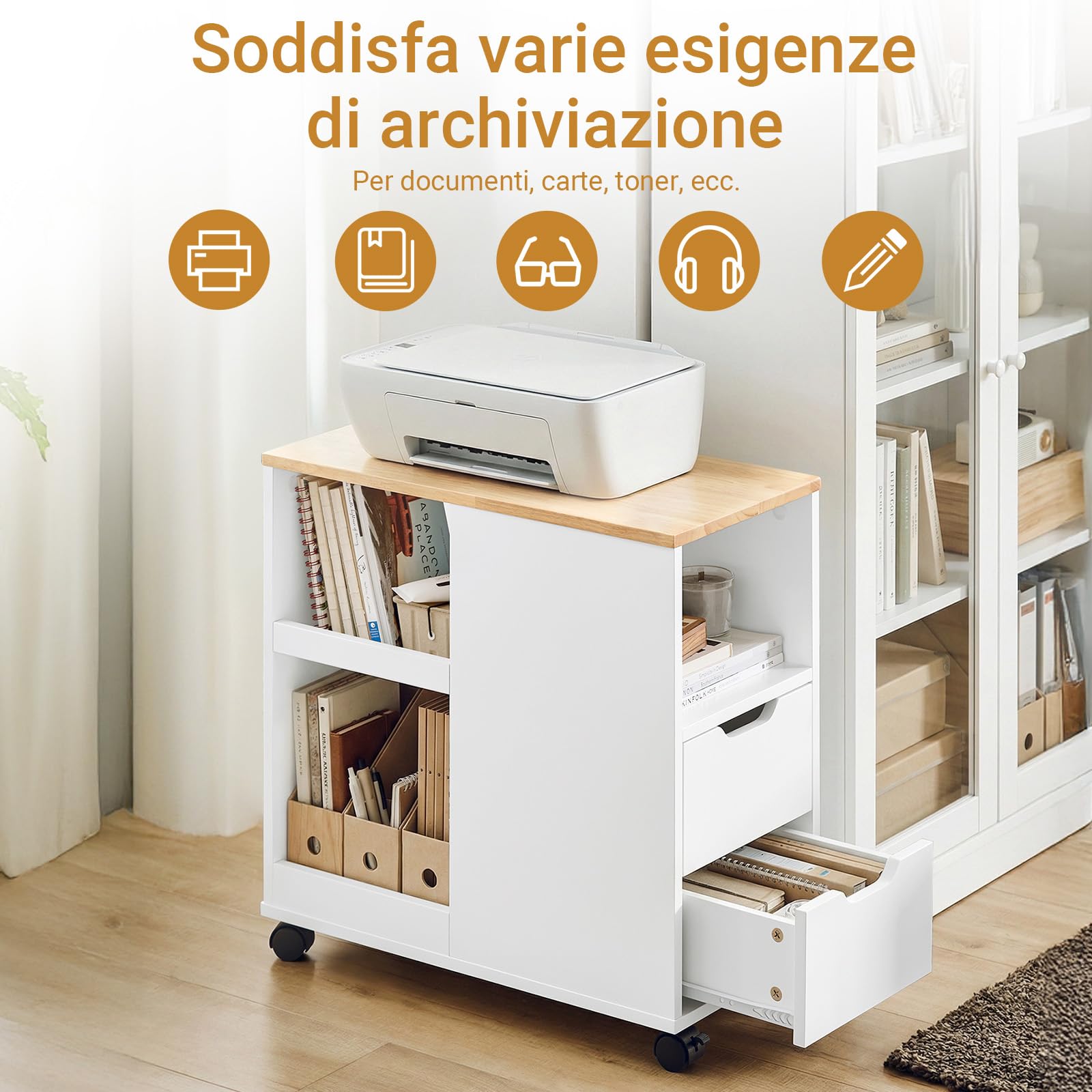 SoBuy Supporto per Stampante con Ruote – Mobiletto per Stampante con Cassetti e Vani, Tavolino Multifunzionale per Ufficio e Home Office, L60xP30xH60 cm, FBT130-WN