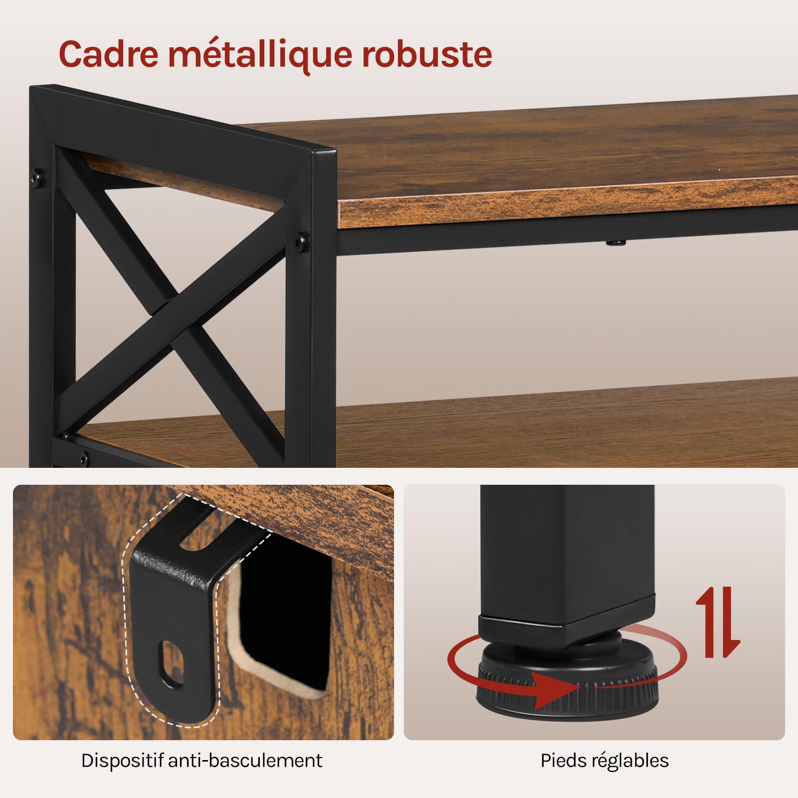 WOLTU Buffet de Cuisine, Meuble de Rangement, avec 3 Portes, Plan de Travail et Compartiment Ouvert, pour Cuisine, Salon, Entrée, 110x33x75 cm, en Bois + Métal, Marron Rustique