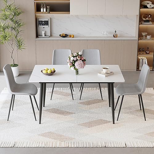 Miniatura 28 de FURNITO Juego de Mesa de Comedor de 7 Piezas, Mesa de Comedor Extensible de 59"-75" con 6 Sillas Tapizadas, Juego Blanco de Mesa y Sillas de Cocina