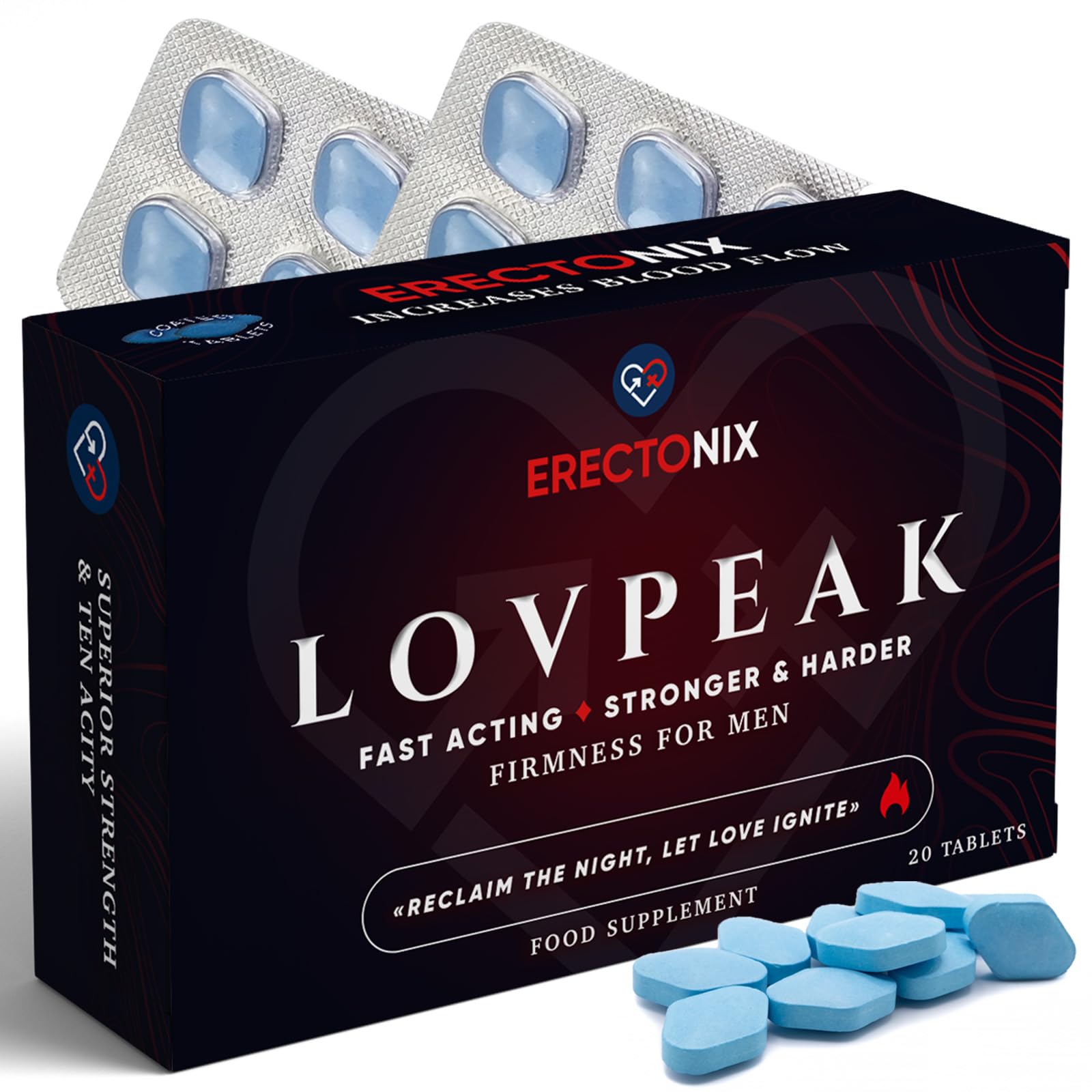 Lovpeak 20 Erectonix – Pills for Men 100 mg - Strong & Hard Performance - Male Enhancing Intense Blue - Herbal Food Supplement - Fast Effect