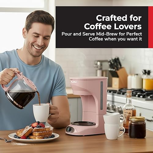 Miniatura 8 de MUELLER HOME Cafetera rosa de 12 tazas, jarra de borosilicato, apagado automático, accesorios de cocina rosa, filtro reutilizable, antigoteo,