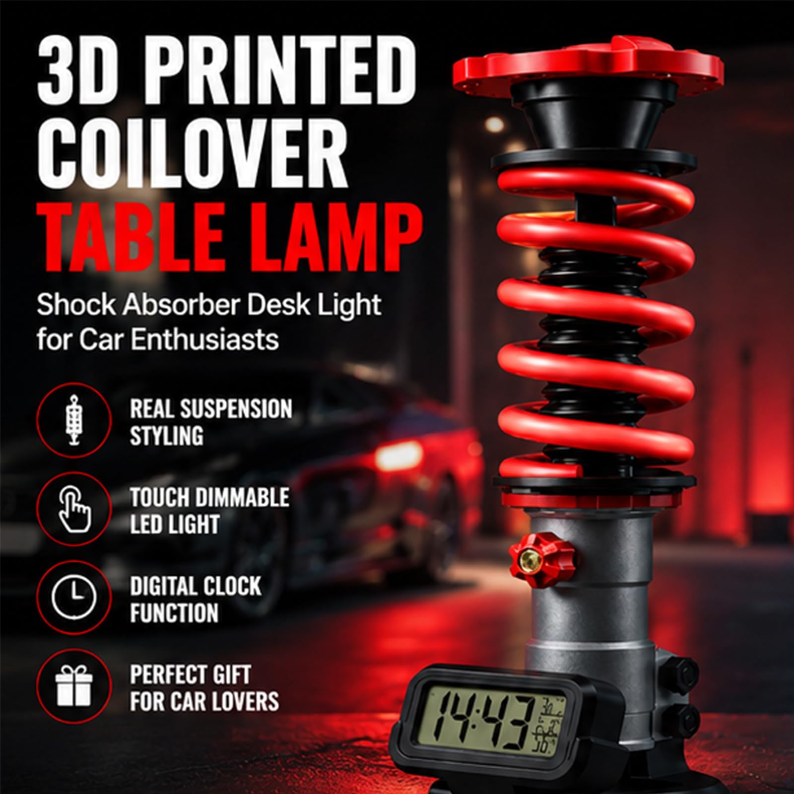 Lampada da tavolo con ammortizzatore stampato in 3D con orologio digitale, luce notturna a LED in stile industriale, tocco regolabile/3 colori chiari, luci ambientali per sala giochi fai da te, p red
