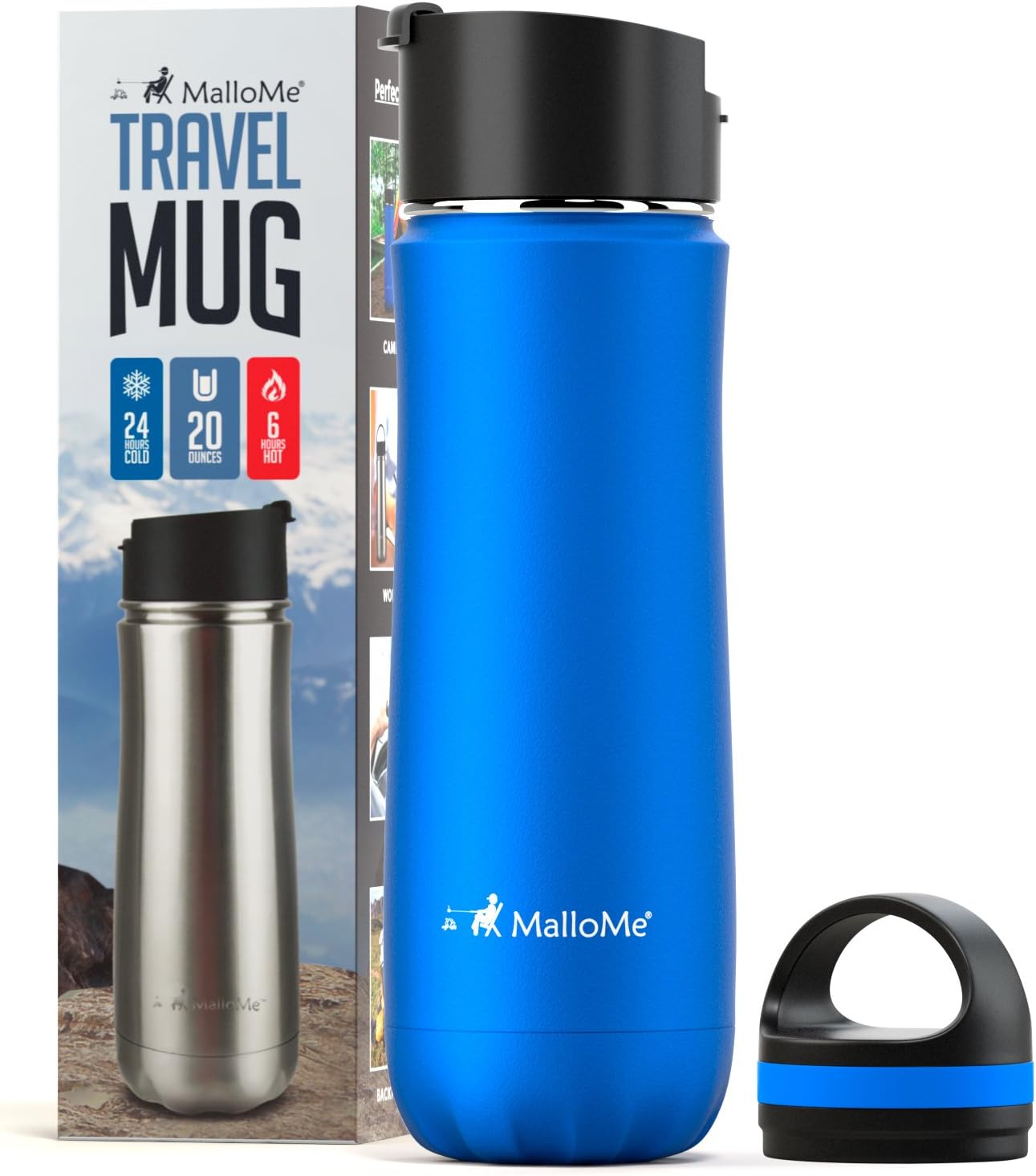 MalloMe Stainless Steel Coffee Travel Mug – 20 oz Vacuum Insulated Water Bottle Thermos Flask Cup Combo – Triple Walled Tumbler, 7 Colors, Two BPA Free Leak Proof Lids Included