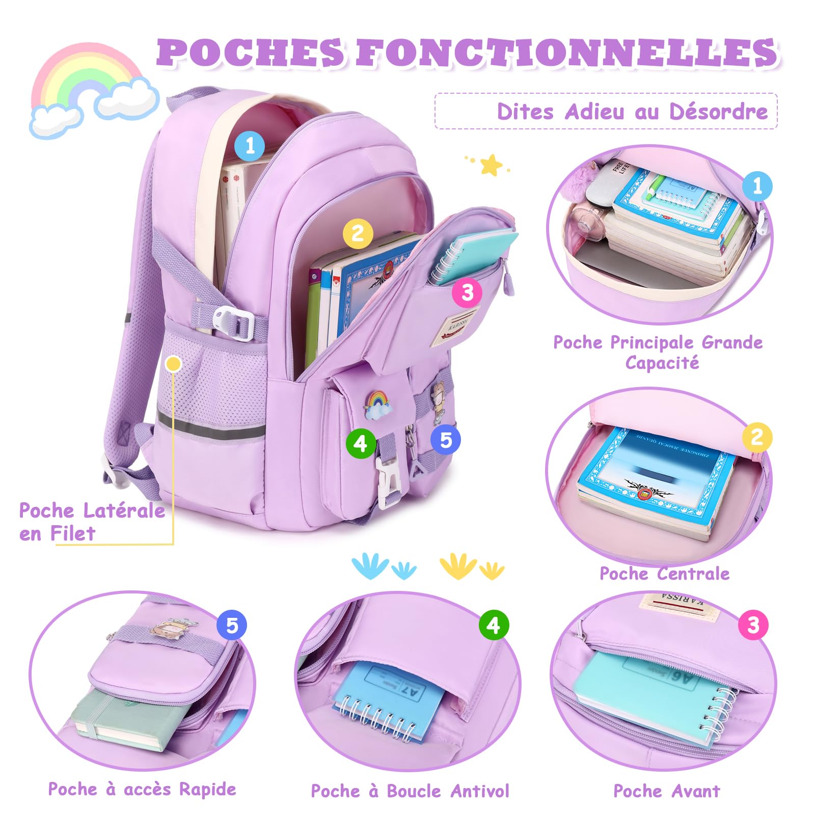 Sisipoet Sac à Dos Fille, Cartable Primaire Fille 10-18 Ans, Sac d'école Respirant Imperméable Nylon, Cartable Enfant avec Accessoires, Léger Confortable pour École et Voyage
