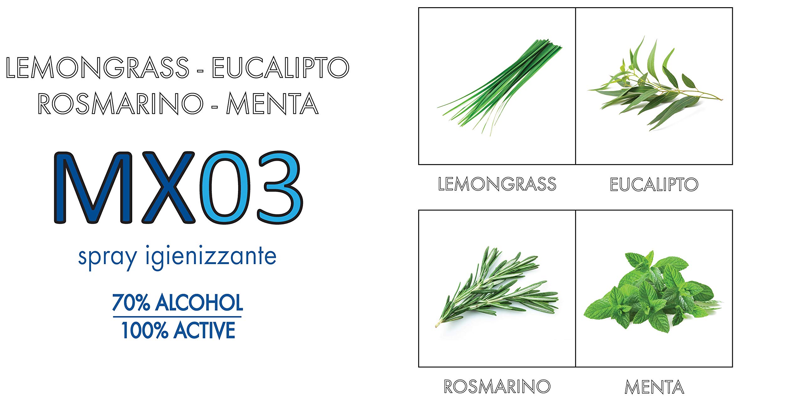 igienizzante spray polivalente mani e superfici - MX03 Lemongrass, Eucalipto, Rosmarino, Menta - 500 ml spray