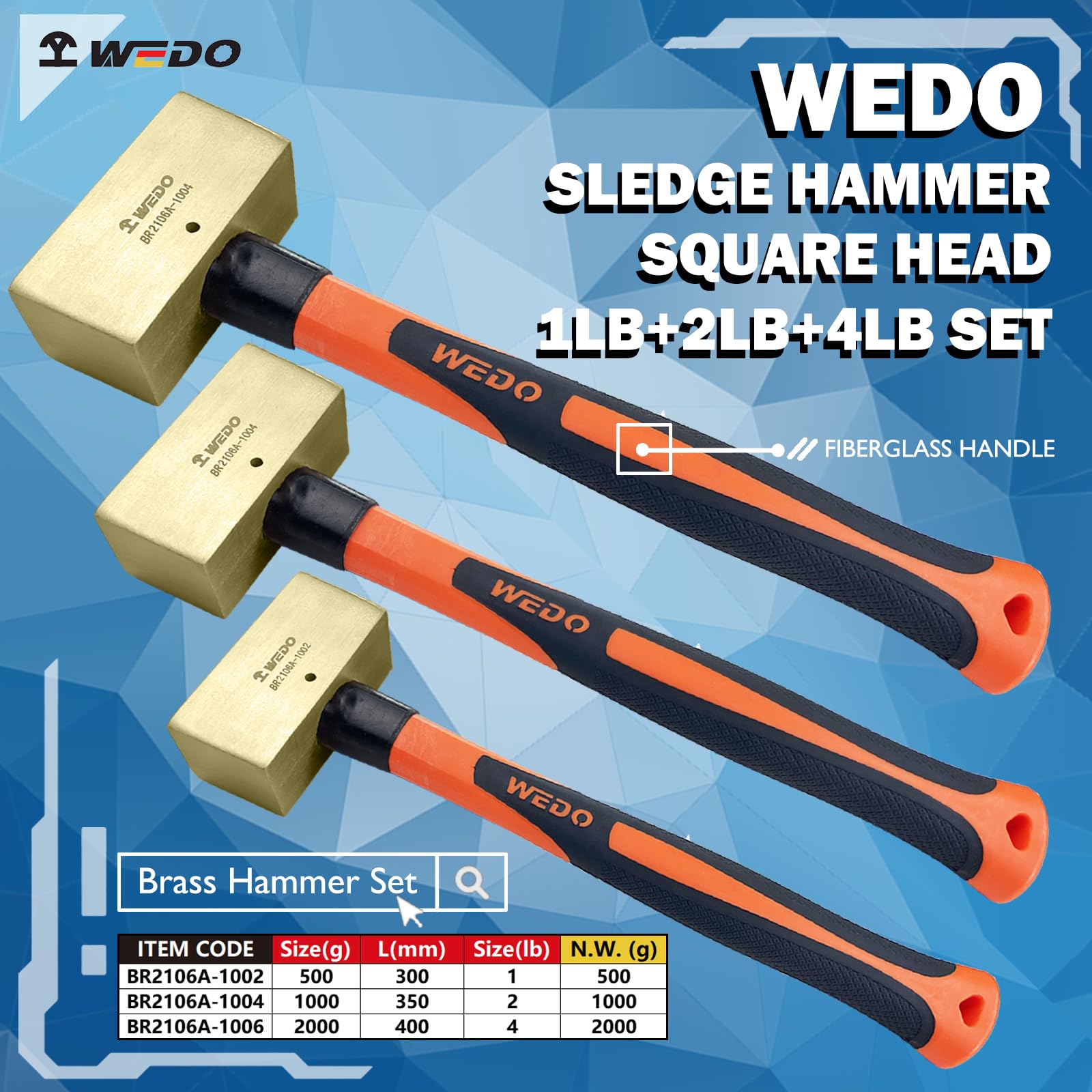 WEDO Zestaw młotków mosiężnych 3 szt., 0,5 kg + 0,9 kg + 1,8 kg mosiężny młot kowalski, młotek klubowy, uchwyt z włókna szklanego, jednorazowa kuta mosiężna głowica kwadratowa, odporna na korozję,