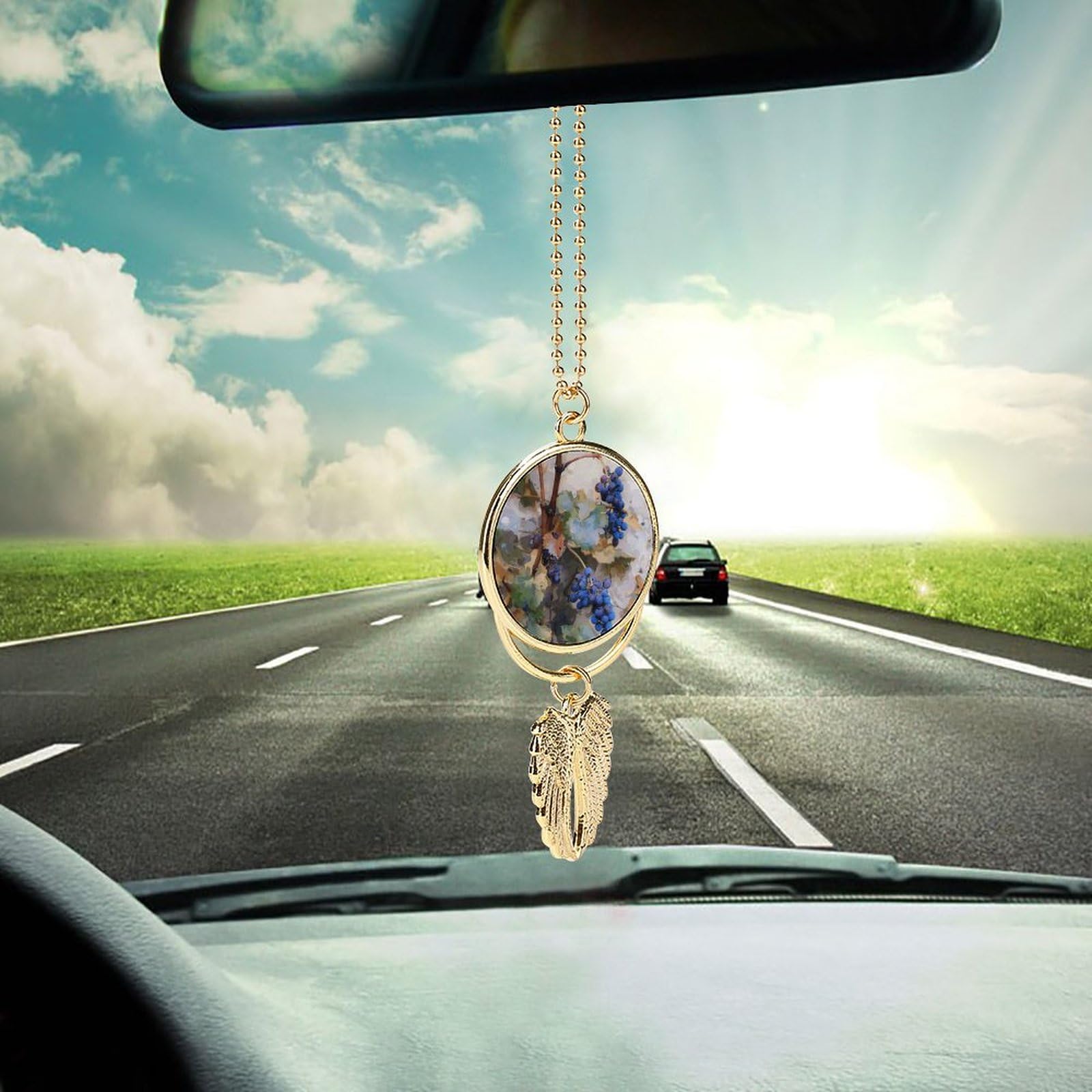Metal Car Pendant Charms Art Painting of Vines Car Rear View Mirror Charms Angel Wing Auto Rearview Mirror Hanging Interior Ornament Pendant Car Accessories for Women Men Car Interior Decor