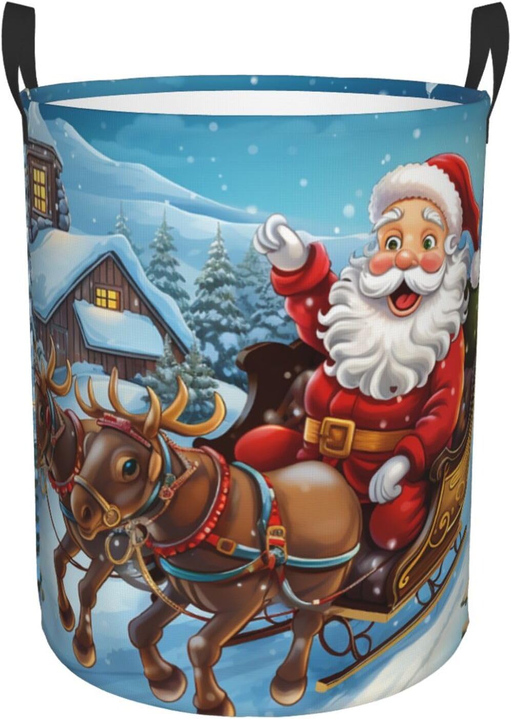Laundry Basket Collapsible Laundry Hamper Waterproof Christmas Santa Claus Reindeer Clothes Organizer with Handles Round Tall Clothes Hamper for Bedroom Bathroom