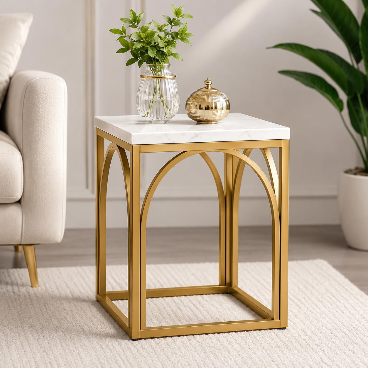 Gold Metal Side Table with White Marble Top | Modern End Table for Living Room, Bedroom & Office | Accent Coffee Table | Square Design-image-45