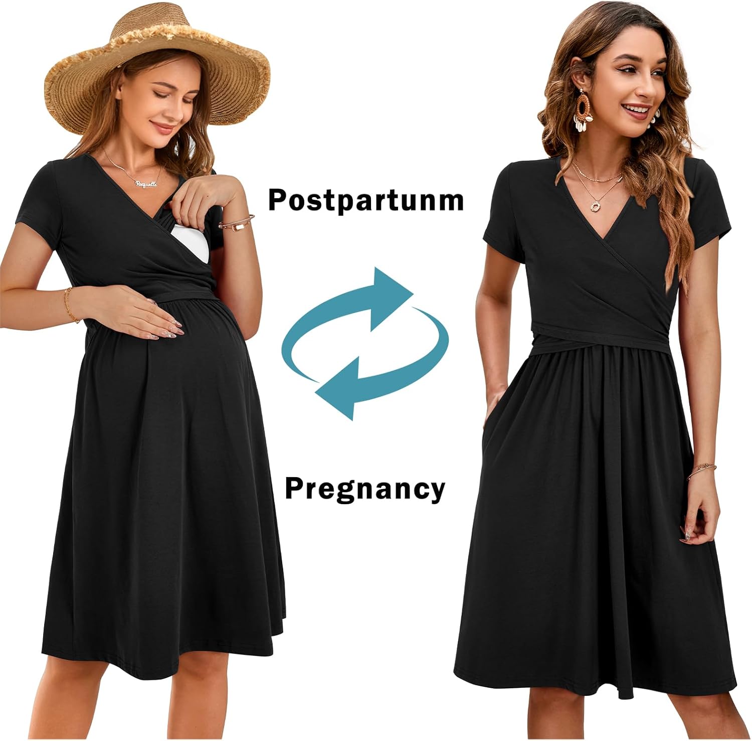 OUGES Maternity Nursing Dress Breastfeeding Short Sleeve V Neck Casual Pregnancy Clothes with Pockets - Image 4