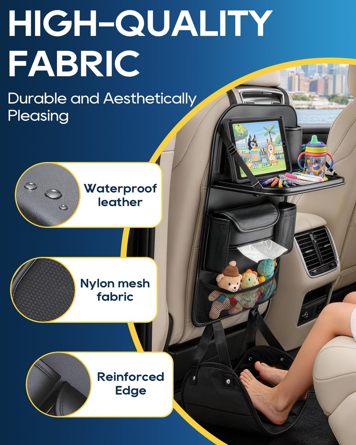 4PACK Leather Car Backseat Organizer with Foldable Table Tray, 6 Storage Pockets Back Protectors Foot Rests, Universal Backseat Car Organizer for Pets and family Road Trip(Black)