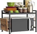 YIUKEA Extendable Microwave Oven Rack - Adjustable Kitchen counter shelf, 2 Tier Microwave Stand (L15.7~23.6" xW12.8 xH17.7) with 6 Hooks for Kitchen Countertop Organizer (White)