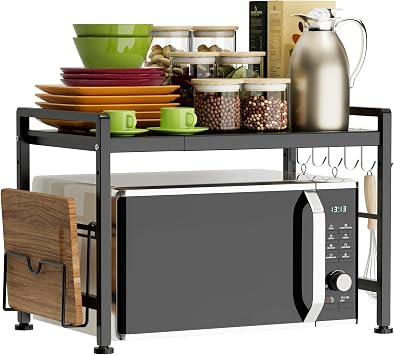 YIUKEA 2 Tier Expandable Microwave Stand Countertop Oven Rack with 6 Hooks
