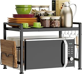 EKNITEY Extendable Microwave Oven Rack - Adjustable Kitchen Counter Shelf, 2 Tier Microwave Stand (L15.7~23.6" xW12.8 xH17.7) with 6 Hooks for Kitchen Countertop Organizer (Black)
