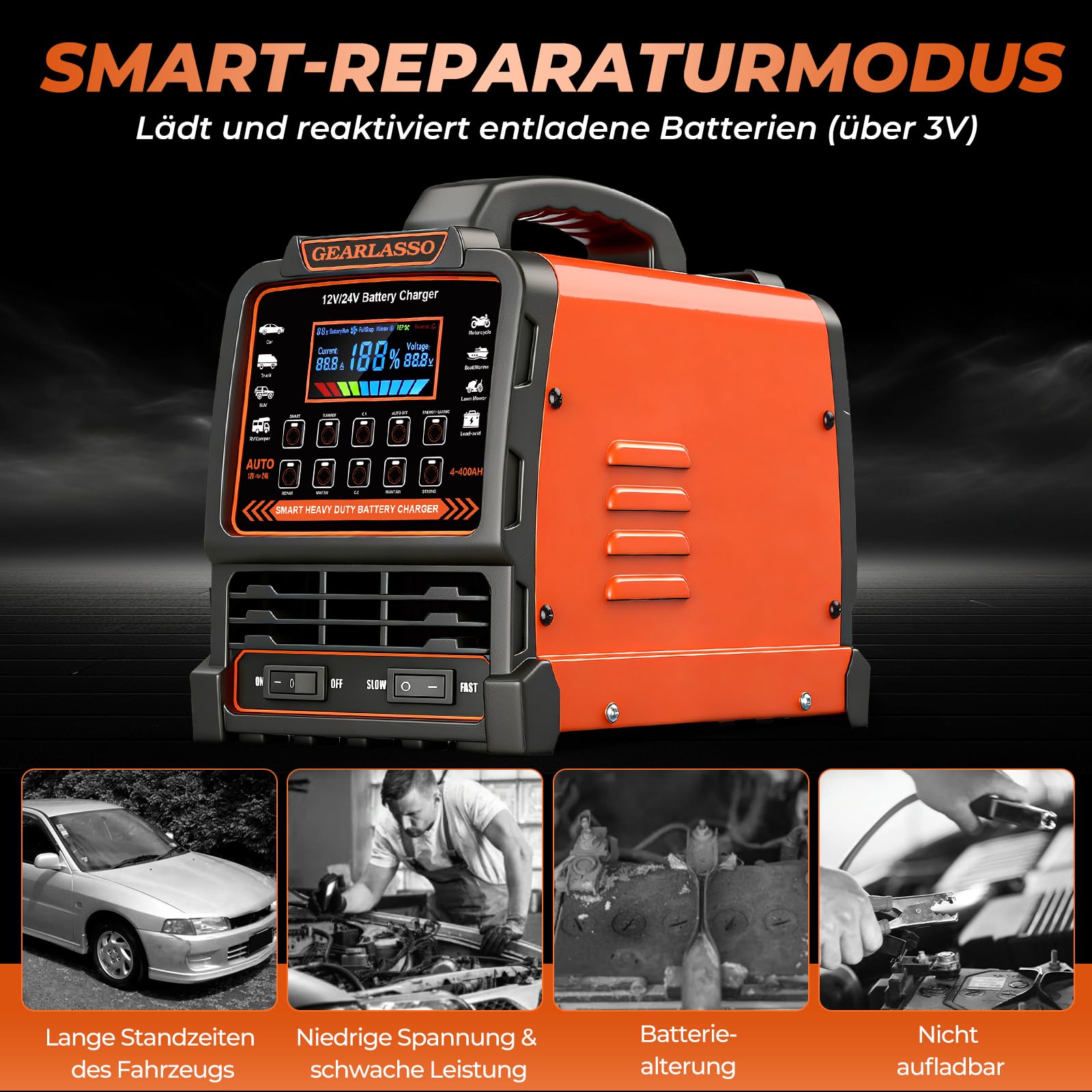12V 24V Autobatterie Ladegerät, 0-15A Batterie-Erhaltungsgerät mit automatischer Abschaltung, 10 Lademodi inkl. CV/CC- & Strong-Modus, Smart Erhaltungs-Ladegerät für Auto, LKW, Motorrad, RV