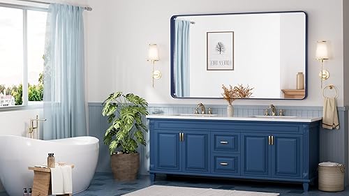 Miniatura 280 de TETOTE Espejo de 60 x 36 pulgadas para baño, espejo de tocador dorado de latón cepillado, espejo de pared grande rectangular con marco de metal Oro