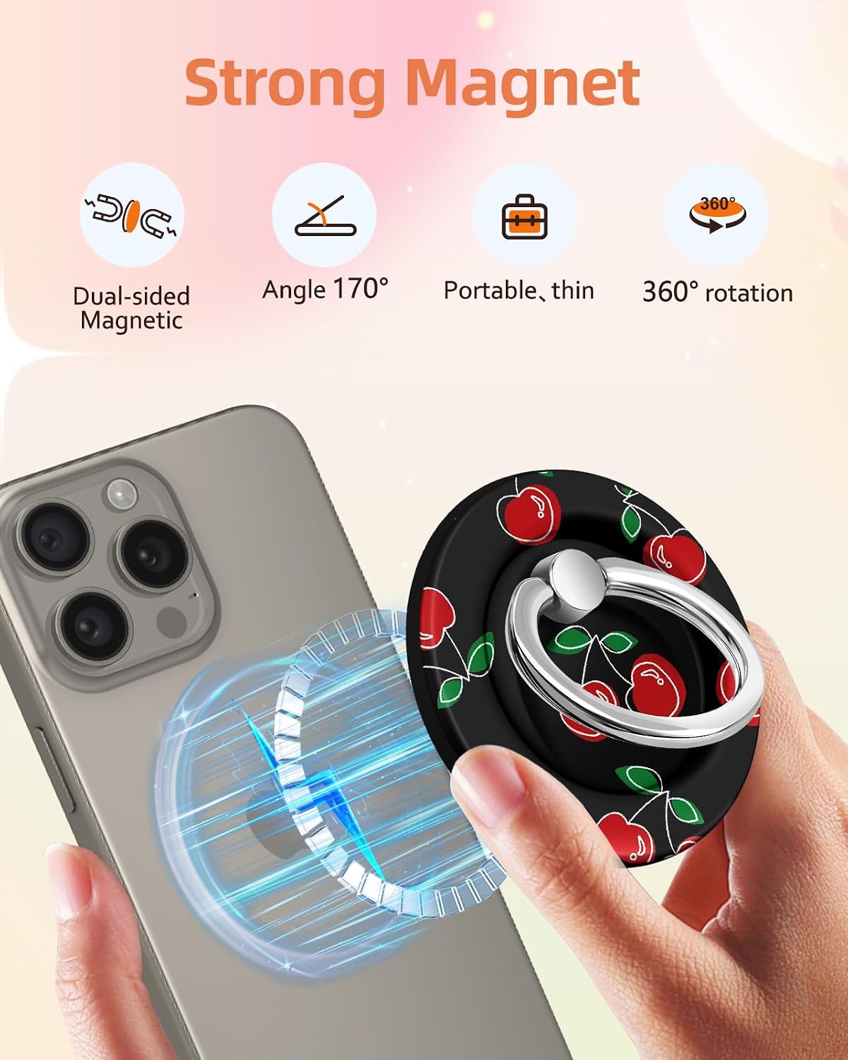 Lotadilo for Magnetic Phone Ring Holder Compatible with MagSafe for Women - Cute Design Magnet Phone Grip Ring Stand Kickstand for iPhone 17/16 Pro Max/16 Pro/16/15/14/13/12 Series, Cherry image 2