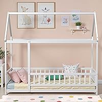 Vista 7 de LLS Marco de cama Montessori gemelar, cama de casa de madera con cerca y techo, cama de piso para dormitorio de niños y niñas, natural