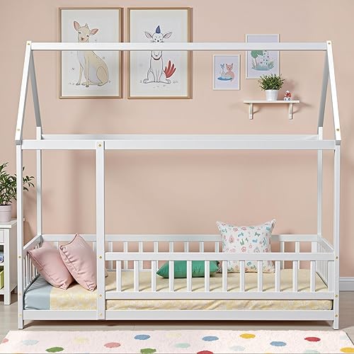 LLS Twin Floor Bed Frame with Fence, Wooden Montessori Bed, House Bed for Boys Girls Bedroom, White Blanco,Azul