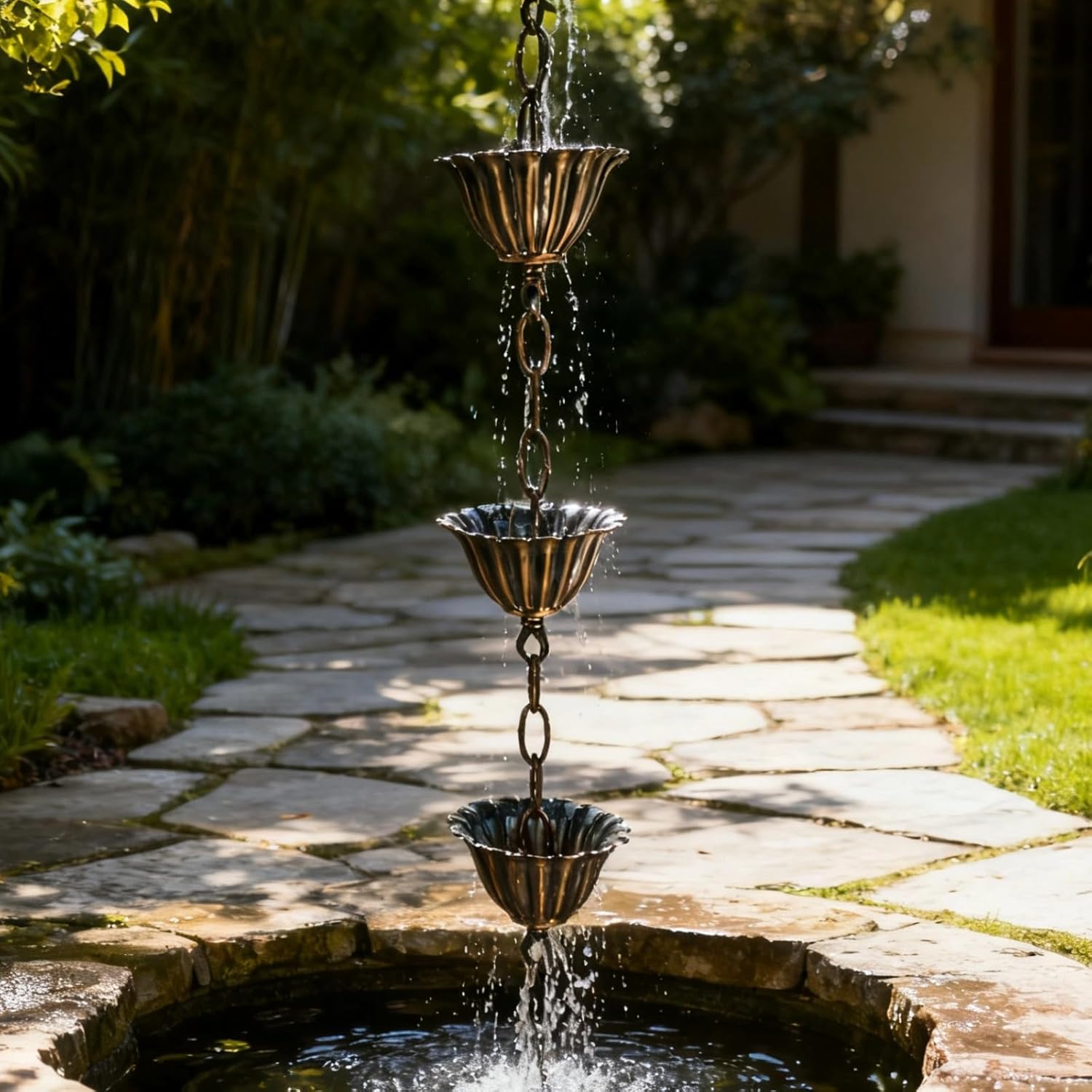Vintage Rain Chain with Lotus Cups, 3.3 Ft Copper Alloy Downspout, for Outdoor Gutter, Decorative for Villa Courtyard Temple