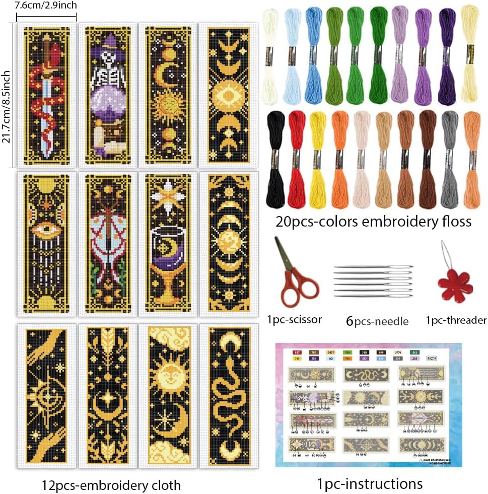 INFUNLY 12pcs Sun Moon Astrology Cross Stitch Bookmark Kit for Beginners DIY Evil Eye Stamped Embroidery Bookmark Kits Star Snake Needlepoint Kit with Instruction Easy Cross Stitch Set for Book Lovers image 2