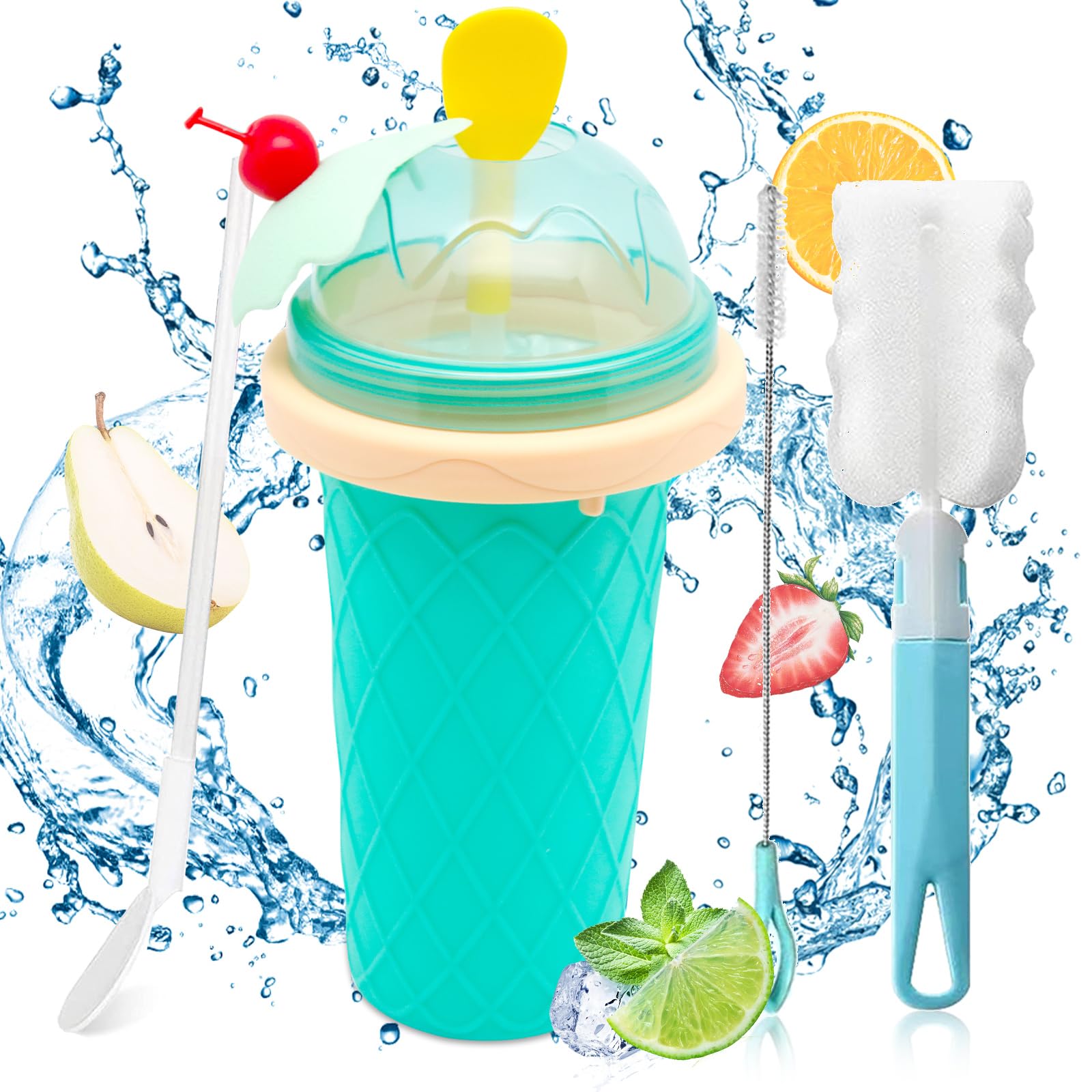 Slush Becher Silikon Squeeze Cup Slush Eis Becher zum Kneten Smoothie Pinch Ice Cup DIY Slushy Maker Cup Gefrorene Maker Smoothie Becher Sommer-Slush Cup mit Strohhalmlöffel für Leckeres Slush Eis