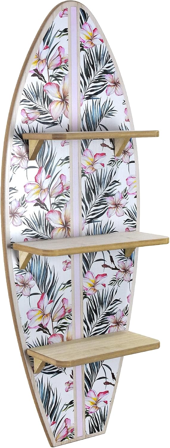 American Art Decor Tropical Flowers & Palms Surfboard Wall Shelf | Floral Beach Decor with Plumeria & Palm Leaves | Coastal Shelf for Bedroom, Living Room, Gallery, Office, or Meditation Space