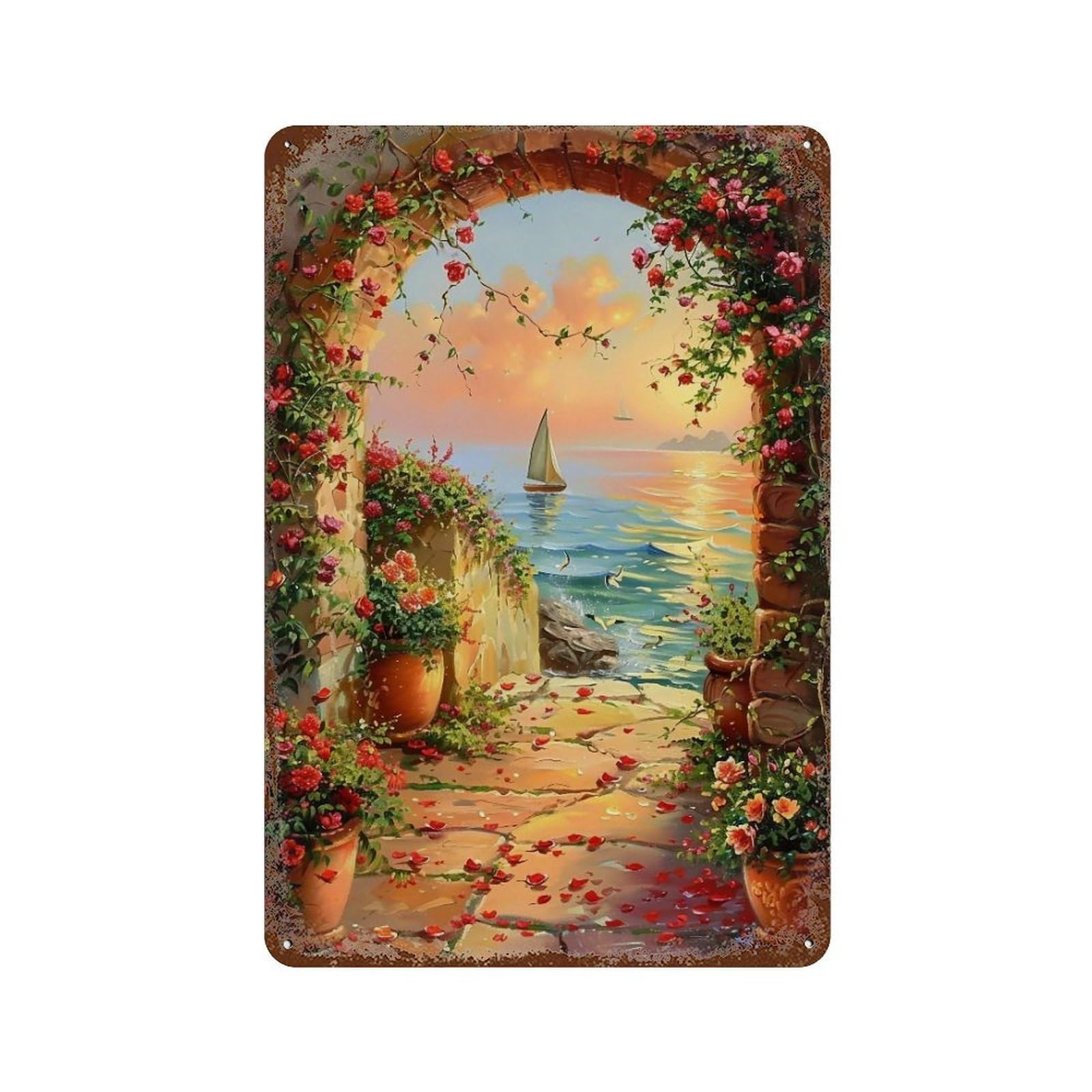 Hduryeyryy Multicolour Mediterranean Rose Path 01 Wall Retro Iron Vintage Art Metal Tin Sign Poster Modern Home Cofffee Club Art Bar Shop Decor 30X20cm