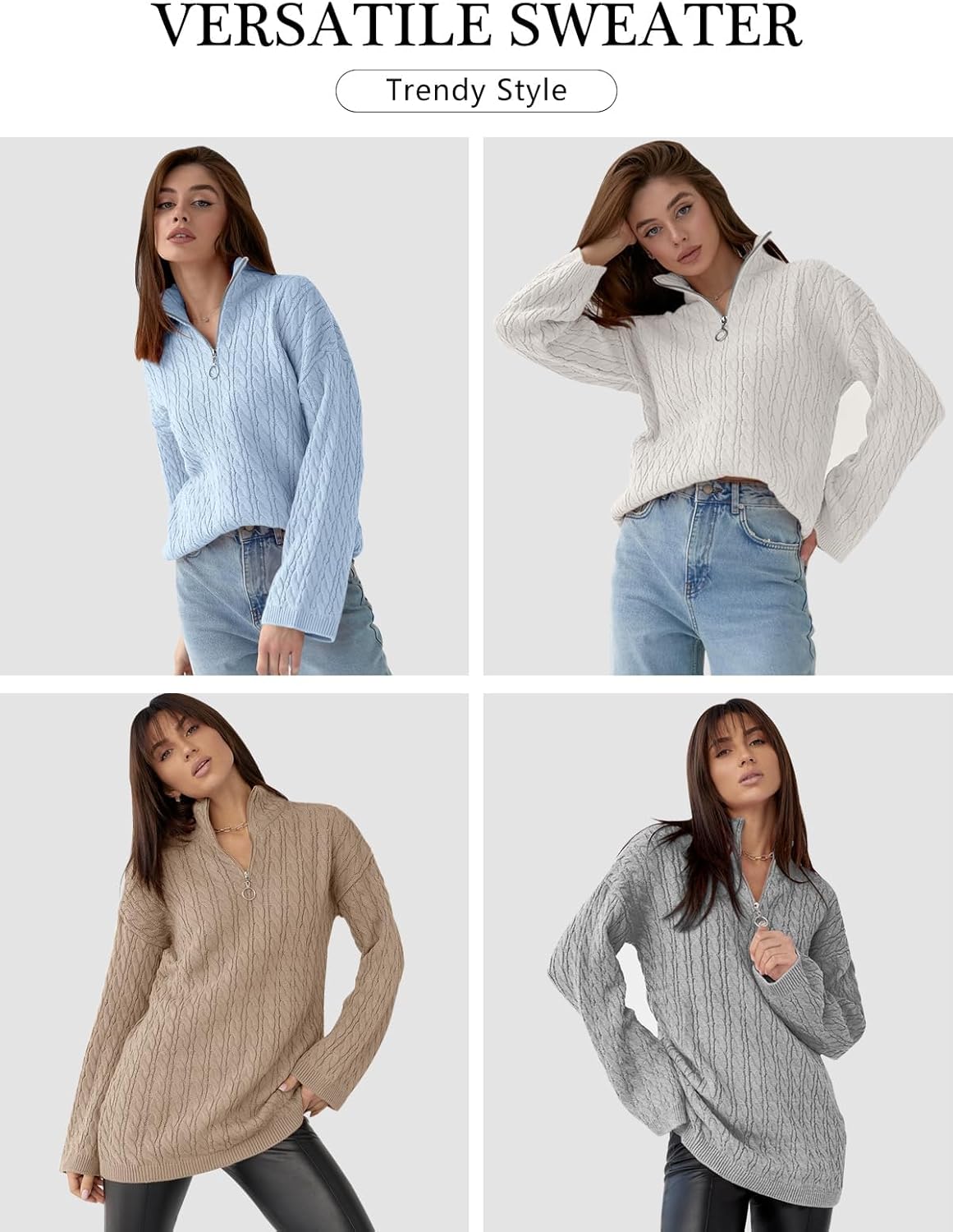 Imily Bela Womens Cable Knit Half Zip Sweater V Neck Collared Fall Trendy Oversized Long Sleeve Pullover Tops - Image 4