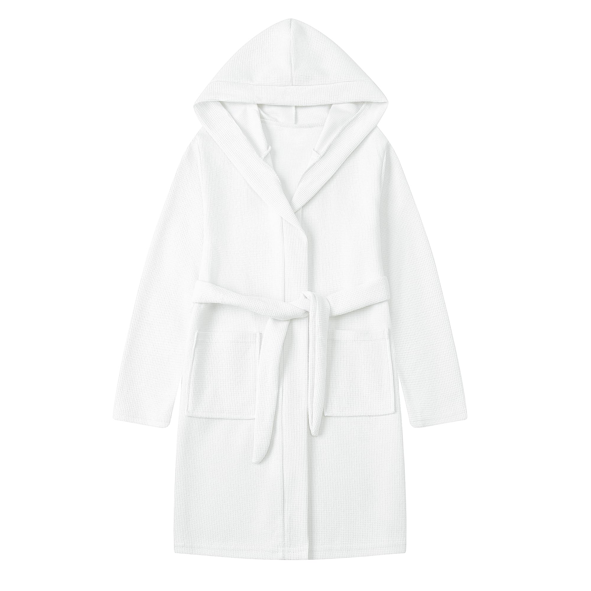 Umeyda Boys Girls Hooded Robe Kids Soft Waffle Cotton Robes Spa Bathrobe Pajamas Sleepwear, White, 9-10 Years