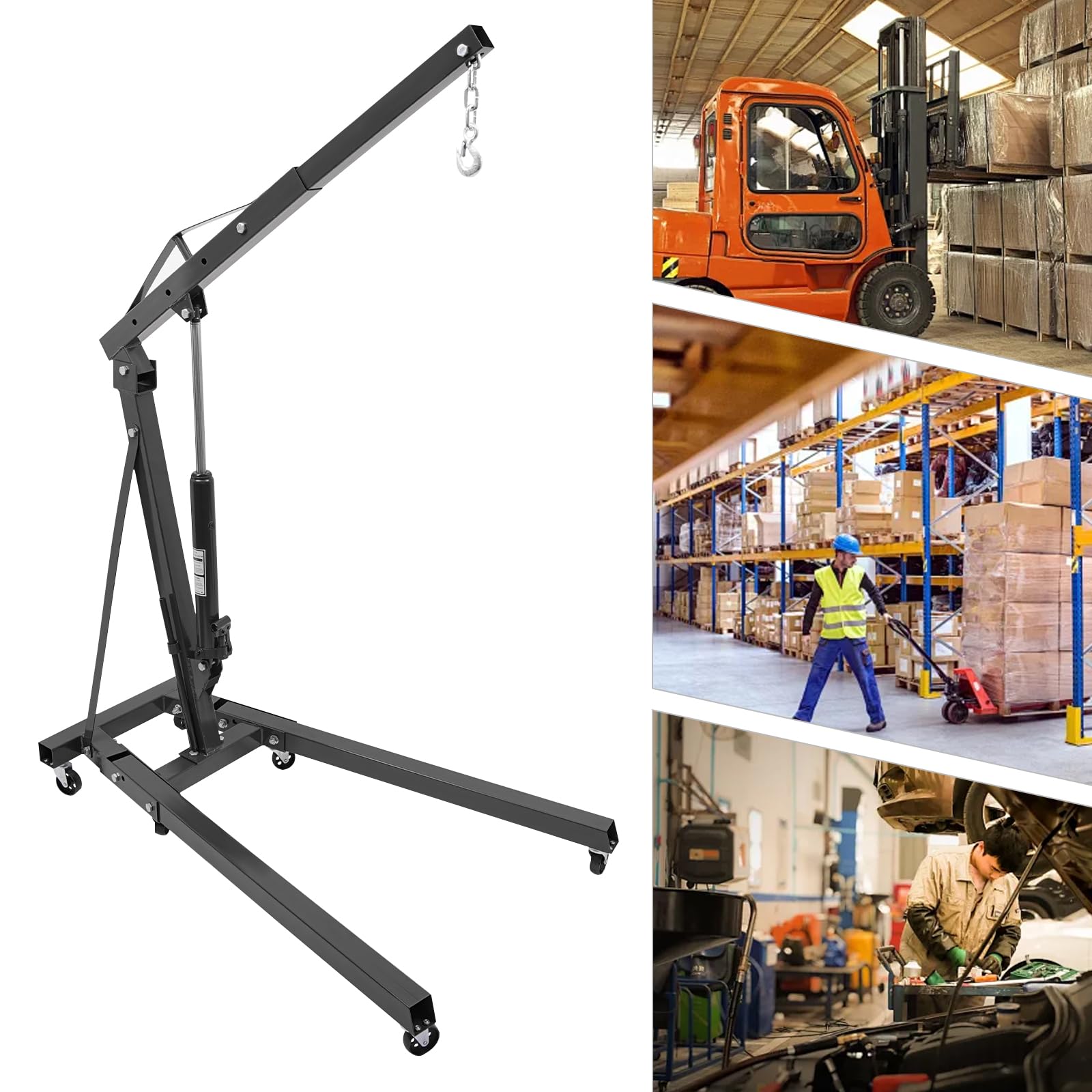 1 Ton Hydraulic Engine Hoist, Heavy Duty Steel Shop Crane, Folding Hydraulic Crane with Wheels with 360° Caster Wheels, Engine Lift with 2204.6lbs Capacity for Workshops, Warehouses