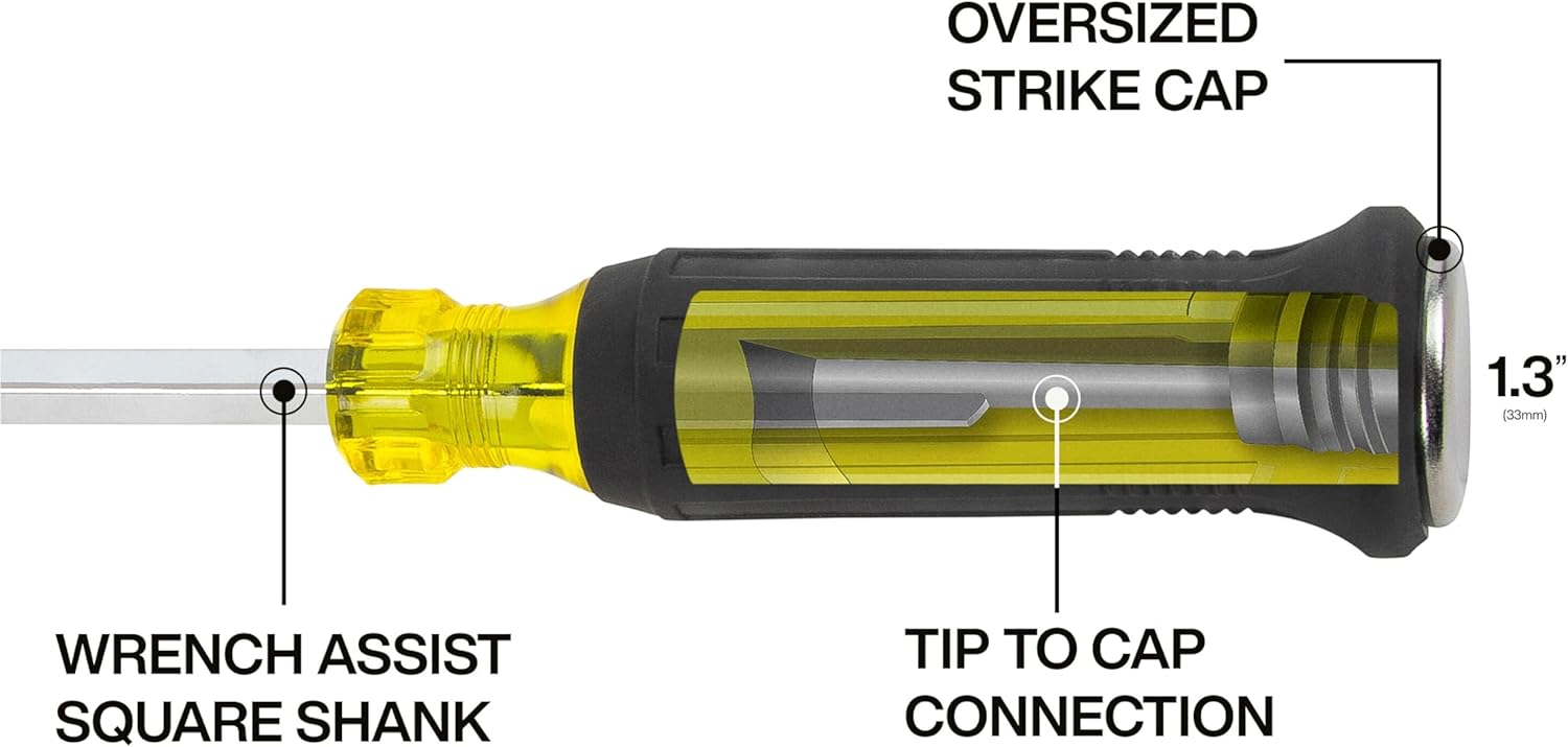 Klein Tools 60012DD 5/16-Inch Duct Slitter Demolition Driver, 6-Inch Blade, HVAC, Construction Demo Screwdriver, Cushion-Grip Handle, Oversized Strike Cap, Square Shank with Wrench Assist