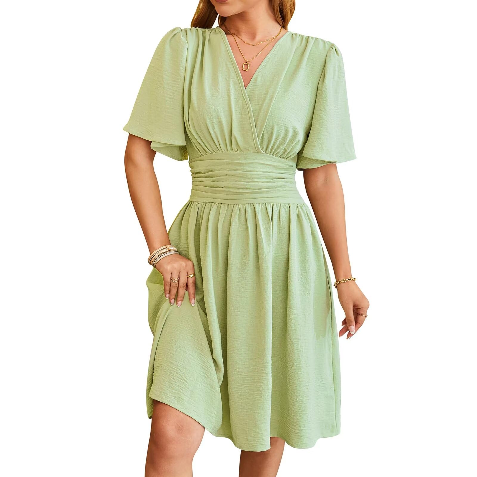 GHOSOHDE Vestido Verano Mujer Elegante Vestidos Casual Manga Corta Vestido de Playa Cuello en V Vestido Corta