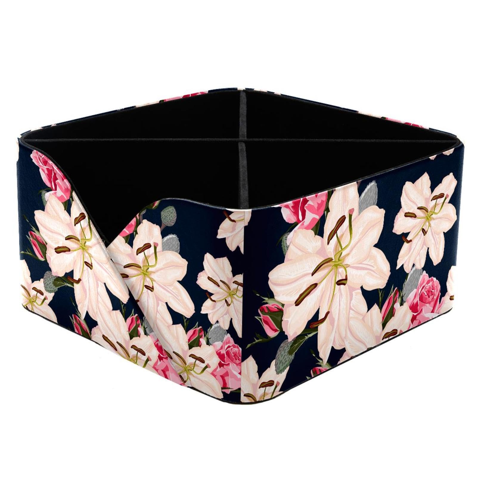KengjuTesu Retro Flowers Floral Lily and Roses Pattern Desktop Organizer Pen Holder, Rectangular Pencil Cup for Office, Study and Makeup Stations